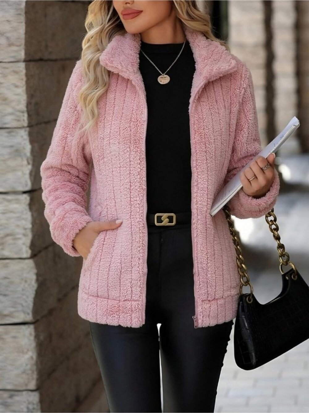 Women's Pink Red Full Zip Stand Collar Fleece Sherpa Pockets long sleeve Jacket - Picture 3 of 6